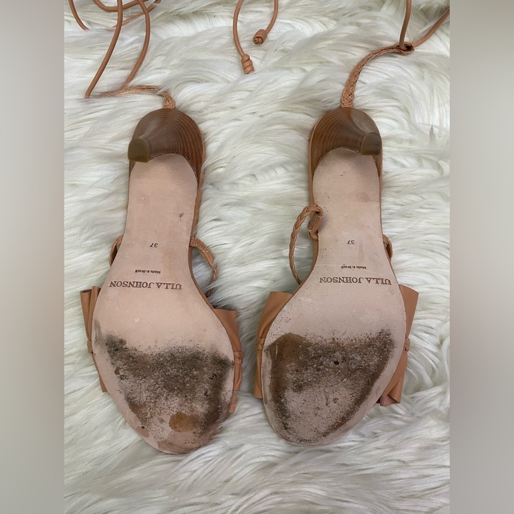 Ulla Johnson Floral Ruffle Strappy Leather Sandals Heels Brown Size 37/ US 6.5 - Picture 5 of 6